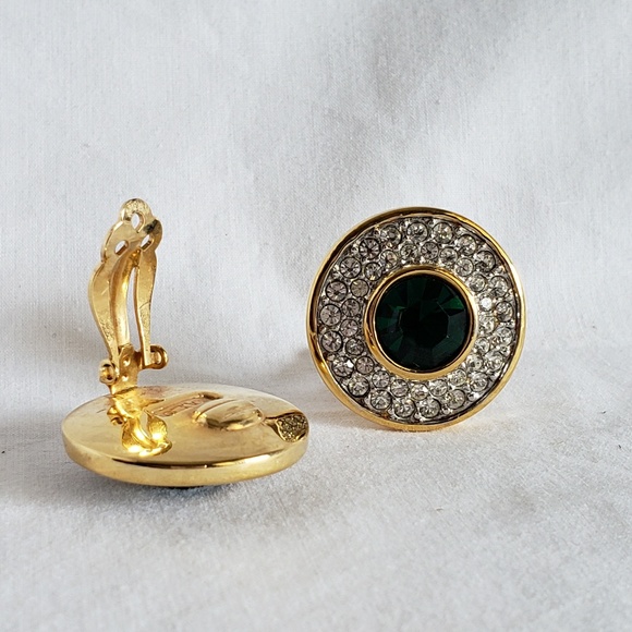 Vintage gold & emerald Swarovski gold diamond S.A.L. 1980's clip on earrings - Picture 3 of 6